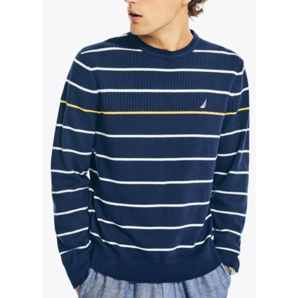 Nautica Men's 3XL Textured Striped Crewneck Sweater Blue Navy Yellow Big & Tall